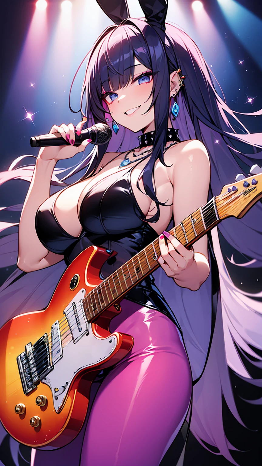 highest quality、4k、masterpiece、Purple spiky hair、Slanted Eyes、blue eyes、Gal、Bunny girl、topless、Sapphire Necklace、Have many ear piercings、Pink Lips、Heavy makeup、Big Breasts、Bunny Suit、Playing guitar live、Electric guitar、A beautiful stage with neon lights、Wink、Ruthless smile、Red nails