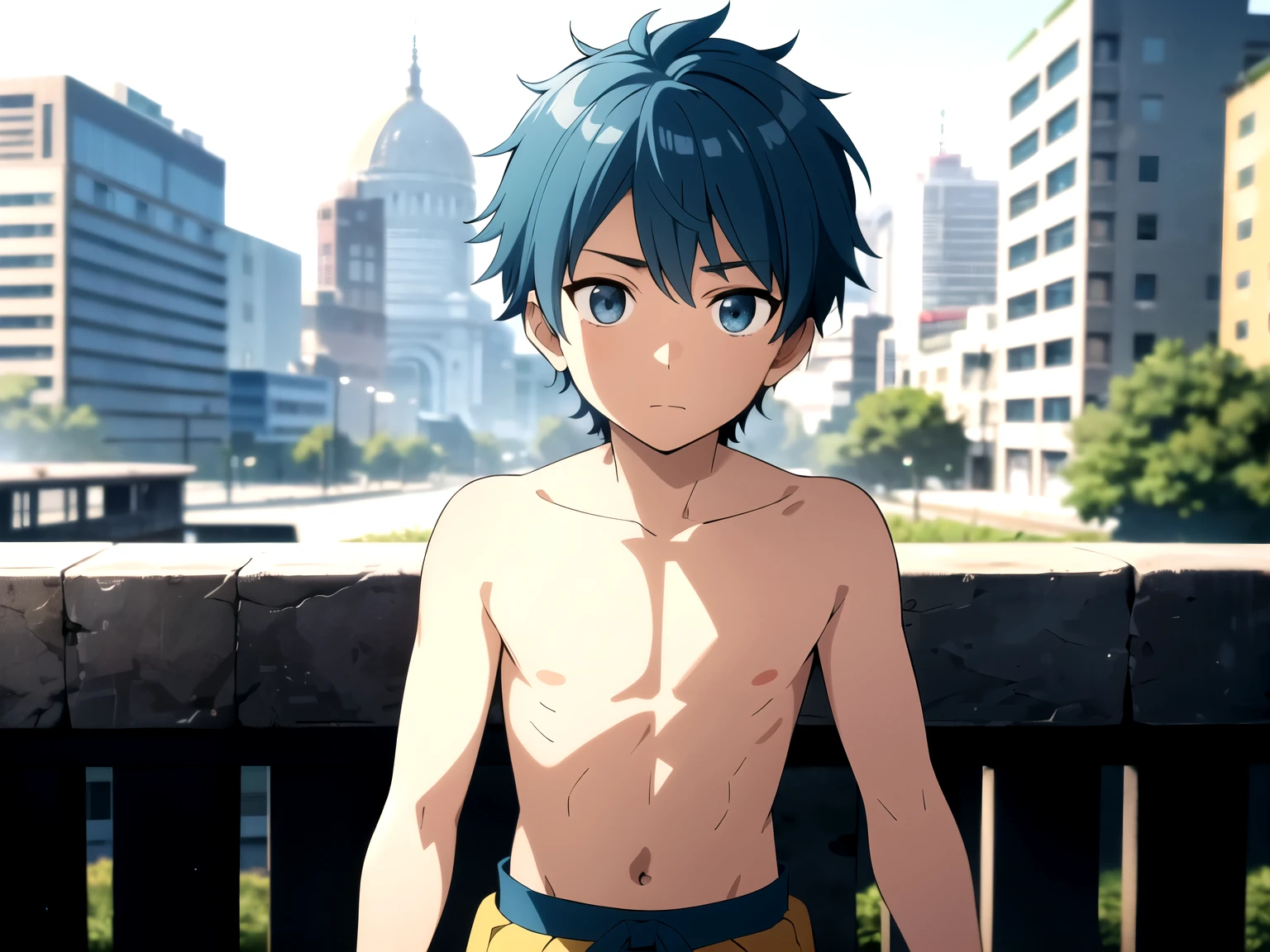 Highres, Masterpiece, Best quality at best,Best Quality,hight quality, hight detailed, 1boy, Boy,Fluffy hair, Side bangs, Shota, Thin young boy without a shirt, Blue hair, he walks lost looking at a city, 14-years-old, Egyptian tribal skirt on, (very young boy), 12-year-old boys, Blurry and simple beckground, bokeh, Uhd