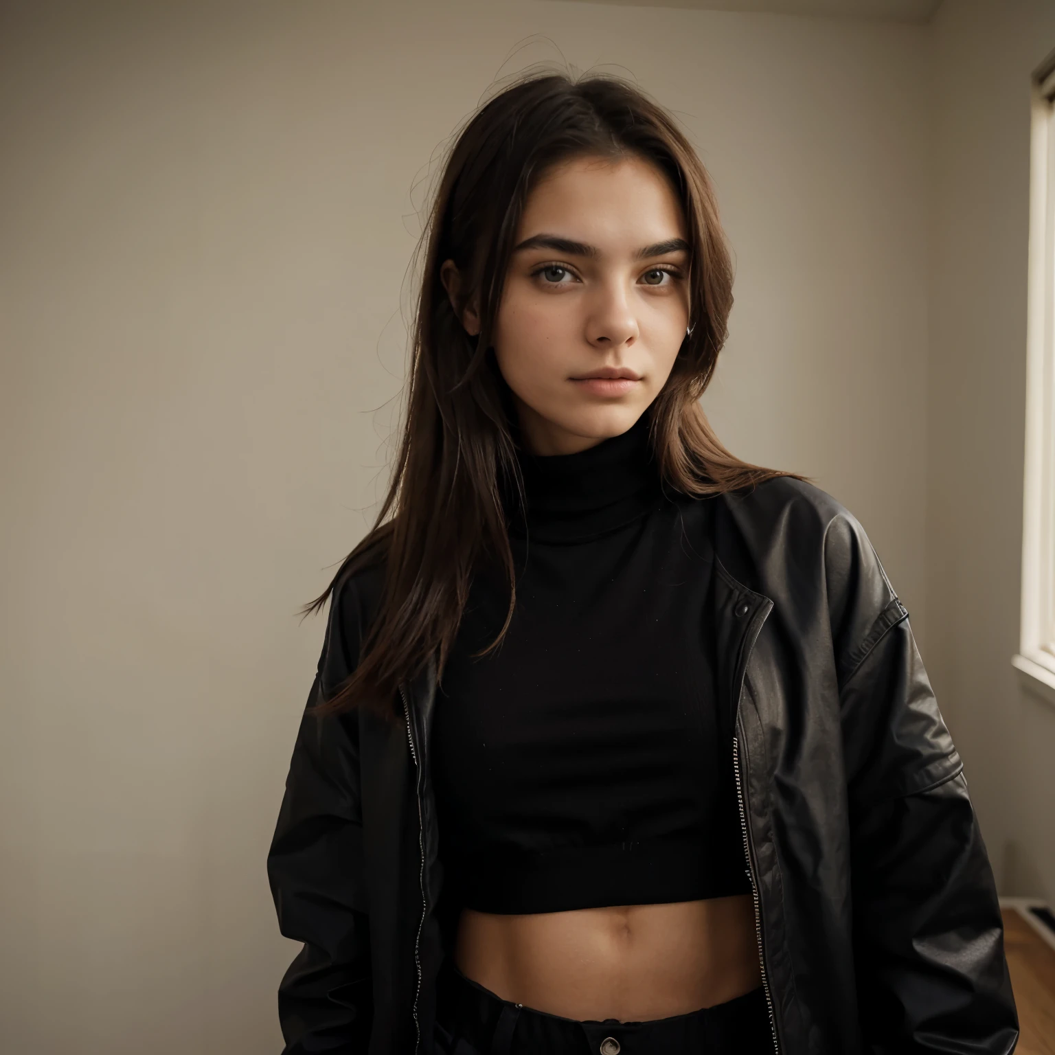 photograph of a 20 year old woman, cara perfecta, obra maestra, Bien, ropa interior, negro_Bien, chaqueta, negro_bragas