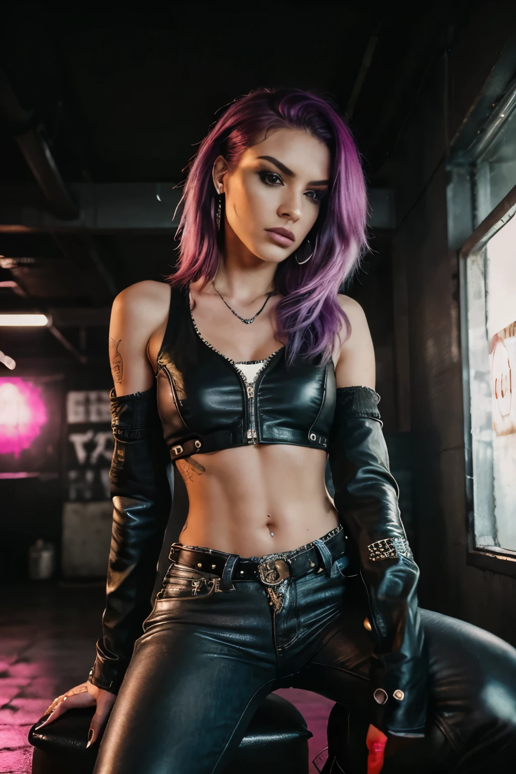 Photorealistic, ultra-detailed, Rocker woman, portrait photo, Solo, rebellious attitude, sitting on a motorcycle seat, dimly lit underground garage scene, grunge aesthetic, edgy atmosphere, black leather motorcycle jacket, silver studs, multiple piercings, smoky eye makeup, fiery purple and pink hair, 25 years old, badass, showcasing arm tattoos, light flickers from a single neon light, urban grunge, analogue style, film grain, Best contrast, primitive, Instagram LUT, 4k, striking pose, shot on Nikon, 50mm, deep depth of field, Kodak Royal Gold color, mus