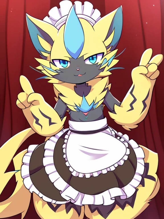 (zeraora) (furry) (fluffy) (nariz de gato) (fluffy body) (maid) (peace sign)