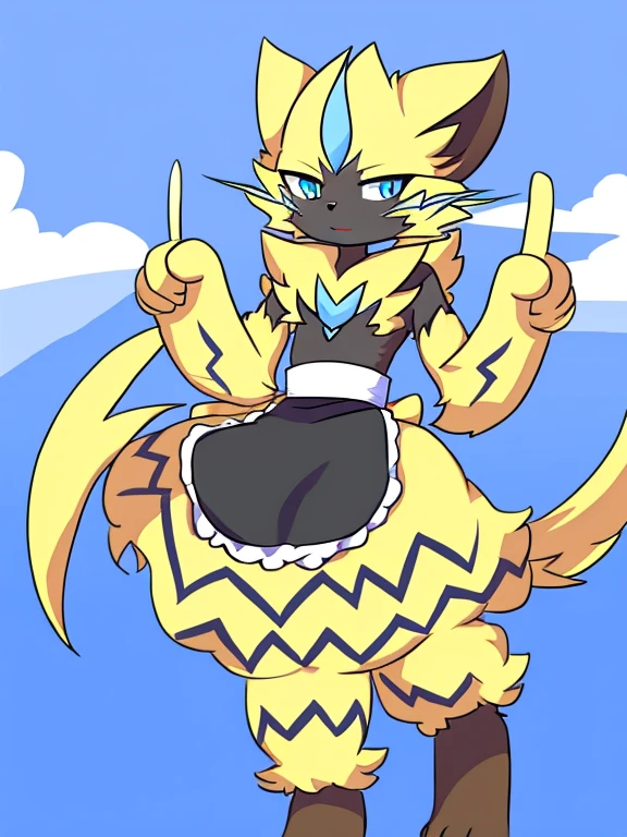 (zeraora) (furry) (fluffy) (nariz de gato) (fluffy body) (maid) (peace sign)