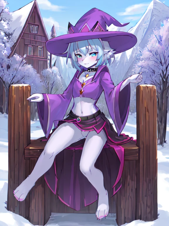 Gehalt, anthro, Allein, weiblich, tall slim body, wears a purple wizard hat, spiky purple cat ears with white tips, lila Augen, purple crop top with collar and long sleeves, black flowing skirt, bare legs, turquoise furry body, white feet paws, schwarze Katzennase, cute cat snout, turquoise hair, Stehen, Grastal, detailed background, hoher Kragen, Jitome, ausdruckslos, von fumiko, von hyattlen, by hioshiru, detailed, High resolution