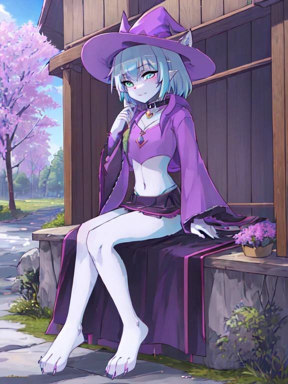 Gehalt, anthro, Allein, weiblich, tall slim body, wears a purple wizard hat, spiky purple cat ears with white tips, lila Augen, purple crop top with collar and long sleeves, black flowing skirt, bare legs, turquoise furry body, white feet paws, schwarze Katzennase, cute cat snout, turquoise hair, Stehen, Grastal, detailed background, hoher Kragen, Jitome, ausdruckslos, von fumiko, von hyattlen, by hioshiru, detailed, High resolution