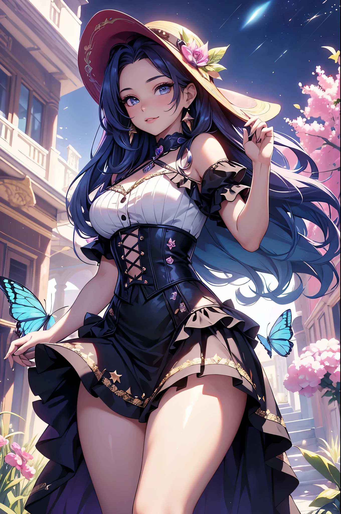 (best quality,4k,8k,highres,masterpiece:1.2),ultra-detailed,(realistic,photorealistic,photo-realistic:1.37),acrylic painting,beautiful Latina model in a ta dress with downy hair,beautiful Latina model with extremely colorful hair and detailed facial features,beautiful Latina model standing in a beautiful garden surrounded by a starry sky,beautiful Latina model wearing a vibrant Loliress,beautiful Latina model with intricate accessories and a matching hat,beautiful Latina model posing gracefully with her hands on her hips,beautiful Latina model with long flowing twintails,beautiful Latina model with bright blue eyes and rosy lips,beautiful Latina model with a joyful expression,beautiful Latina model in a dynamic pose with cherry blossoms falling around her,beautiful Latina model surrounded by colorful flowers and butterflies,beautiful Latina model's dress adorned with cute bows and lace details,beautiful Latina model with an enchanting smile,beautiful Latina model with soft, pastel-colored shading,beautiful Latina model with a magical glow illuminating her,beautiful Latina model in a picturesque setting with a winding path leading to a magnificent castle,beautiful Latina model holding a microphone and singing passionately,beautiful Latina model with a fairytale-like background,beautiful Latina model with a soft, dreamy atmosphere,beautiful Latina model with a subtle bokeh effect,beautiful Latina model standing under a moonlit sky,beautiful Latina model with a warm, golden sunset in the background,beautiful Latina model surrounded by twinkling stars and colorful nebulae,creating an ethereal and captivating artistic masterpiece.
