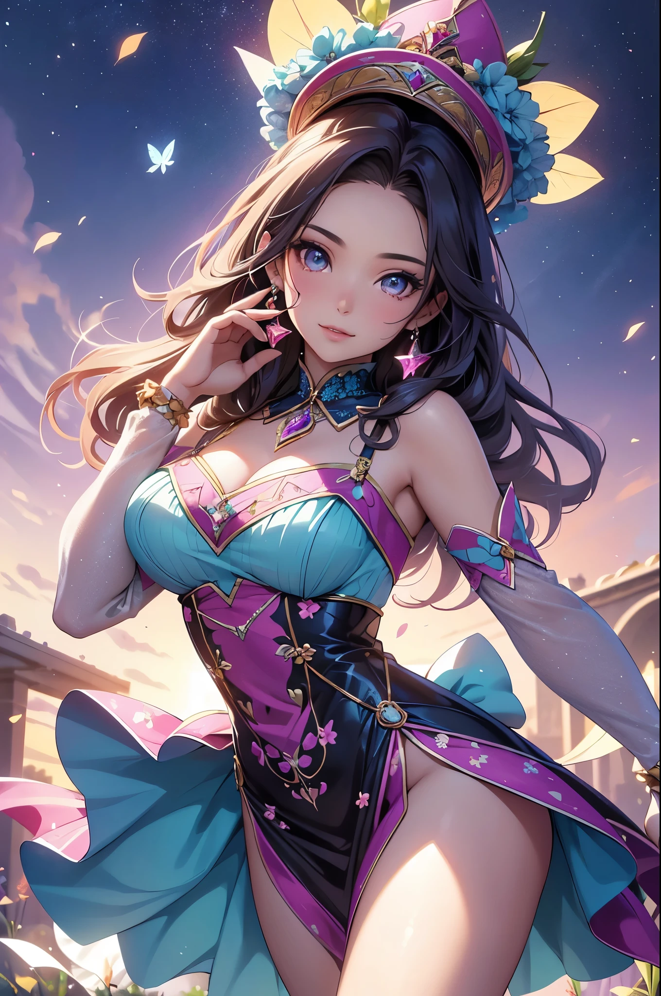 (best quality,4k,8k,highres,masterpiece:1.2),ultra-detailed,(realistic,photorealistic,photo-realistic:1.37),acrylic painting,beautiful Latina model in a Lolita dress with downy hair,beautiful Latina model with extremely colorful hair and detailed facial features,beautiful Latina model standing in a beautiful garden surrounded by a starry sky,beautiful Latina model wearing a vibrant Lolita dress,beautiful Latina model with intricate accessories and a matching hat,beautiful Latina model posing gracefully with her hands on her hips,beautiful Latina model with long flowing twintails,beautiful Latina model with bright blue eyes and rosy lips,beautiful Latina model with a joyful expression,beautiful Latina model in a dynamic pose with cherry blossoms falling around her,beautiful Latina model surrounded by colorful flowers and butterflies,beautiful Latina model's dress adorned with cute bows and lace details,beautiful Latina model with an enchanting smile,beautiful Latina model with soft, pastel-colored shading,beautiful Latina model with a magical glow illuminating her,beautiful Latina model in a picturesque setting with a winding path leading to a magnificent castle,beautiful Latina model holding a microphone and singing passionately,beautiful Latina model with a fairytale-like background,beautiful Latina model with a soft, dreamy atmosphere,beautiful Latina model with a subtle bokeh effect,beautiful Latina model standing under a moonlit sky,beautiful Latina model with a warm, golden sunset in the background,beautiful Latina model surrounded by twinkling stars and colorful nebulae,creating an ethereal and captivating artistic masterpiece. 