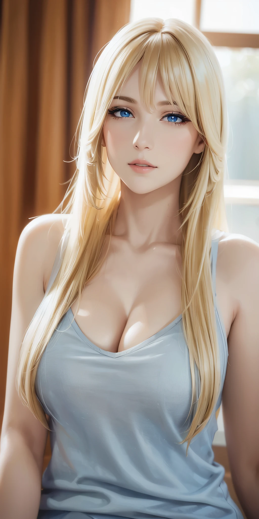 Upper body, mature woman, elegant, long neck, long blonde hair, bangs, blue eyes, casual clothes, cleavage, soft light, 4k resolution, high quality