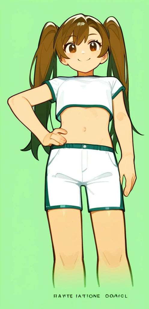 score_9, score_8_up, source_anime, masterpiece, best quality, BREAK 1girl, hand on hip, crop top, shorts, brown hair, twintails, brown eyes, smile, rating_safe
