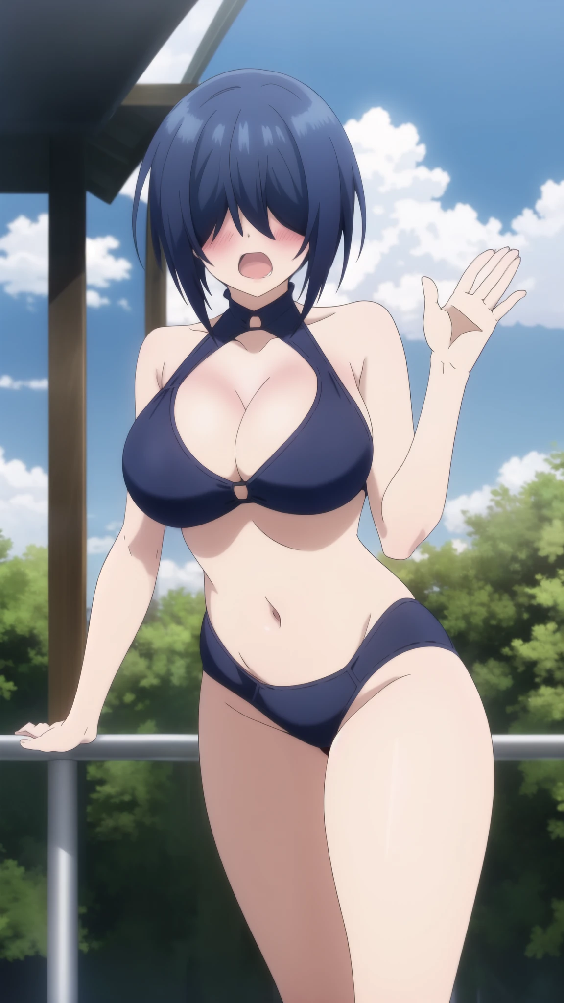 COWBOY SHOT, 1girl, breasts, ((black swimsuit)), bikini, (((HAIR OVER EYES))), solo, LARGE breasts, navel, blush, SHORT hair, open mouth, cleavage, outdoors, sky, looking at viewer, clothing cutout, day, WAVING_MOUTH, cloud, blue sky, , cleavage cutout, black bikini, purple bikini, railing, BLUE hair, bare shoulders
