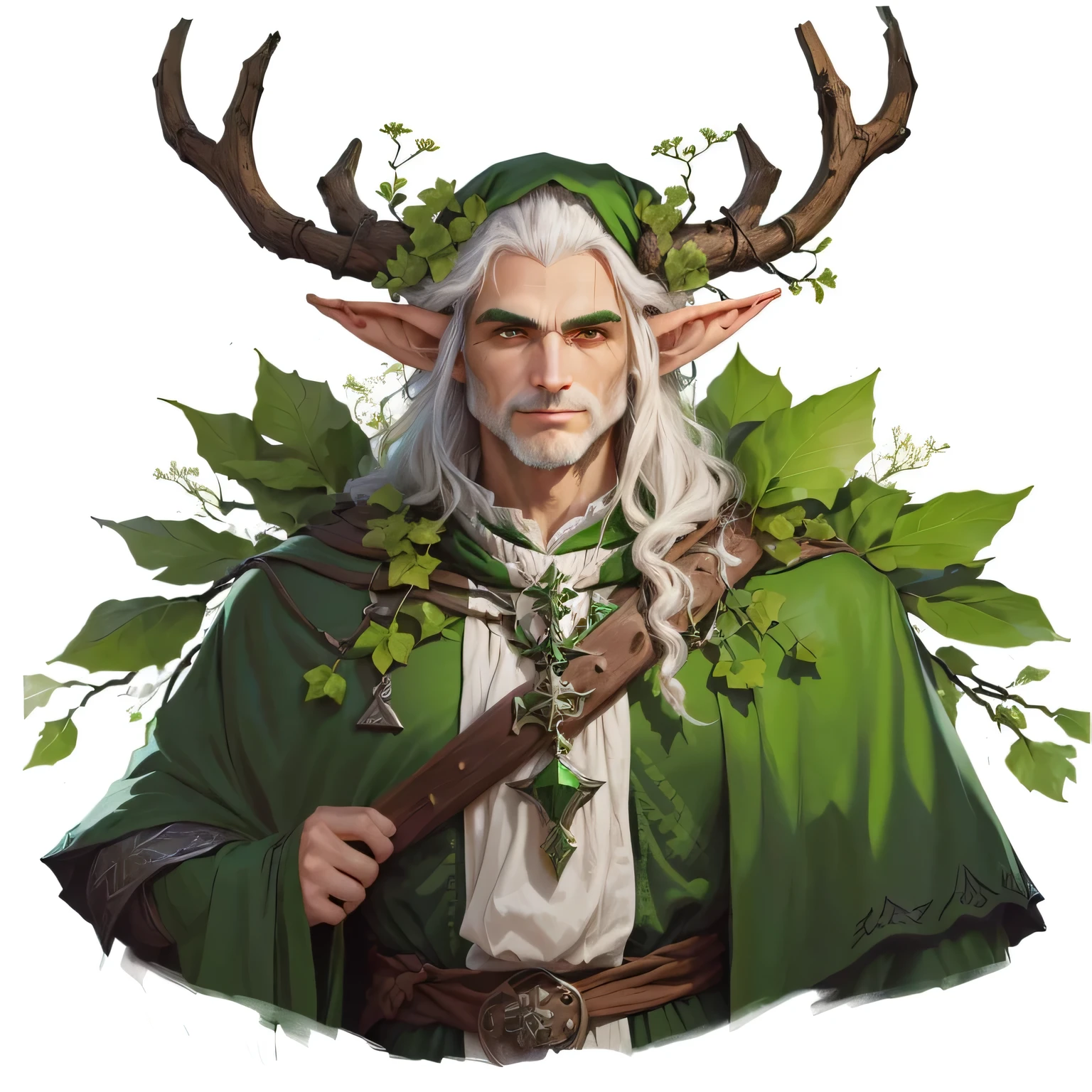 a drawing of um elfo masculino with horns and a green cape, a portrait of um elfo masculino, retrato de um mago da floresta, druida portrait, um druidaa, natureza druidaa, um elfo masculino, a retrato de um elfo, elfo macho, um elfo de meia idade, lindo elfo masculino, druida, computador, cernunos, retrato de um elfo