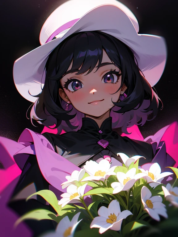 una mujer，pelo negro oscuro，Ojos rosadoanga corta blanca，falda corta negra，smile，rodeado de flores