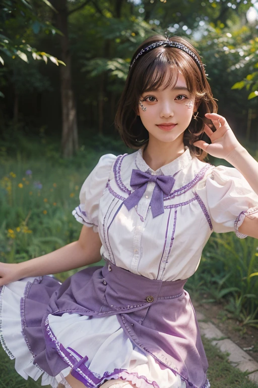 Magical Girl Cosplay, Anime Girl Cosplay, Purple and white lolita outfit,
slender girl, smile, Bobcut, Brown Hair, garden, sunny, Short sleeve, mini skirt, summer,
Skirt with 6 vertical ruffles, Skirt with 6 ruffles horizontally,
((photograph:1.3)), ((Realistic:1.5)), (highest quality:1.4), ((Ultra-high resolution:1.3)),
((Highest quality:1.3)), ((Ultra-detailed:1.3)), (Sharp Focus:1.3),
masterpiece, Real, Photorealistic, Extremely detailed,
Real Life, 超Realistic, Photorealism, Fine details,
Perfect artwork, Professional Writing,