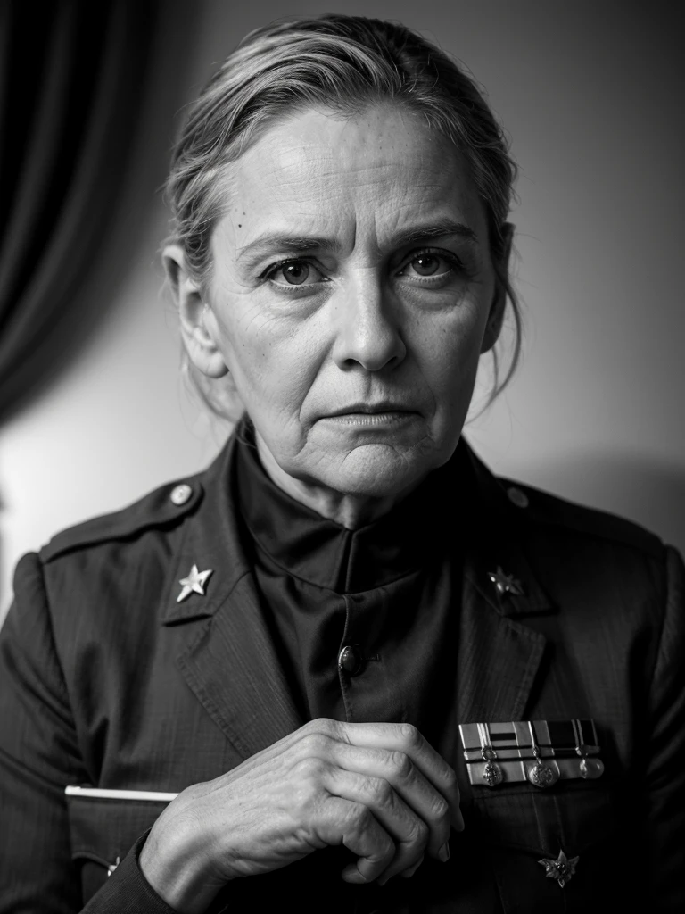 (best quality,4k,8k,highres,masterpiece:1.2),ultra-detailed,
(realistic,photorealistic,photo-realistic:1.37),
old American soldier,veteran,aged military man,
sharp focus,uniform,medals,
battle-hardened face,wrinkled skin,gray hair,
proud blue eyes,deep gaze,
rough hands,weathered hands,
American flag backdrop,
studio lighting,high contrast,
strong,confident posture,
vivid colors,rich color palette,
nostalgic atmosphere,
heroic aura,
classic black and white photography,
patriotic spirit,
determined expression.