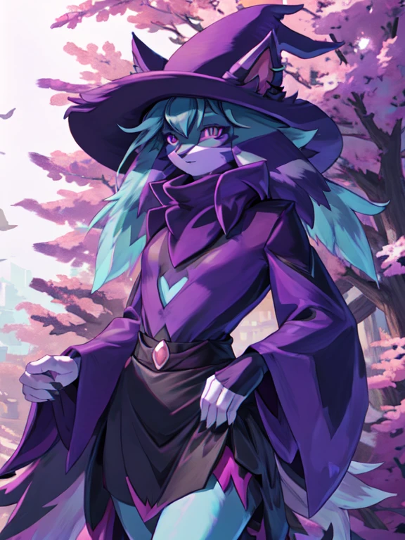 Gehalt, anthro, Allein, weiblich, tall slim body, wears a purple wizard hat, spiky purple cat ears with white tips, lila Augen, purple crop top with collar and long sleeves, black flowing skirt, bare legs, turquoise furry body, white feet paws, schwarze Katzennase, cute cat snout, turquoise hair, Stehen, Grastal, detailed background, hoher Kragen, Jitome, ausdruckslos, von fumiko, von hyattlen, by hioshiru, detailed, High resolution