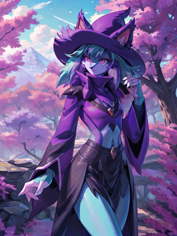 Gehalt, anthro, Allein, weiblich, tall slim body, wears a purple wizard hat, spiky purple cat ears with white tips, lila Augen, purple crop top with collar and long sleeves, black flowing skirt, bare legs, turquoise furry body, white feet paws, schwarze Katzennase, cute cat snout, turquoise hair, Stehen, Grastal, detailed background, hoher Kragen, Jitome, ausdruckslos, von fumiko, von hyattlen, by hioshiru, detailed, High resolution