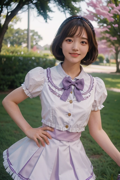Magical Girl Cosplay, Anime Girl Cosplay, Purple and white ta outfit,
slender girl, smile, Bobcut, Brown Hair, garden, sunny, Short sleeve, mini skirt, summer,
Skirt with 6 vertical ruffles, Skirt with 6 ruffles horizontally,
((photograph:1.3)), ((Realistic:1.5)), (highest quality:1.4), ((Ultra-high resolution:1.3)),
((Highest quality:1.3)), ((Ultra-detailed:1.3)), (Sharp Focus:1.3),
masterpiece, Real, Photorealistic, Extremely detailed,
Real Life, 超Realistic, Photorealism, Fine details,
Perfect artwork, Professional Writing,