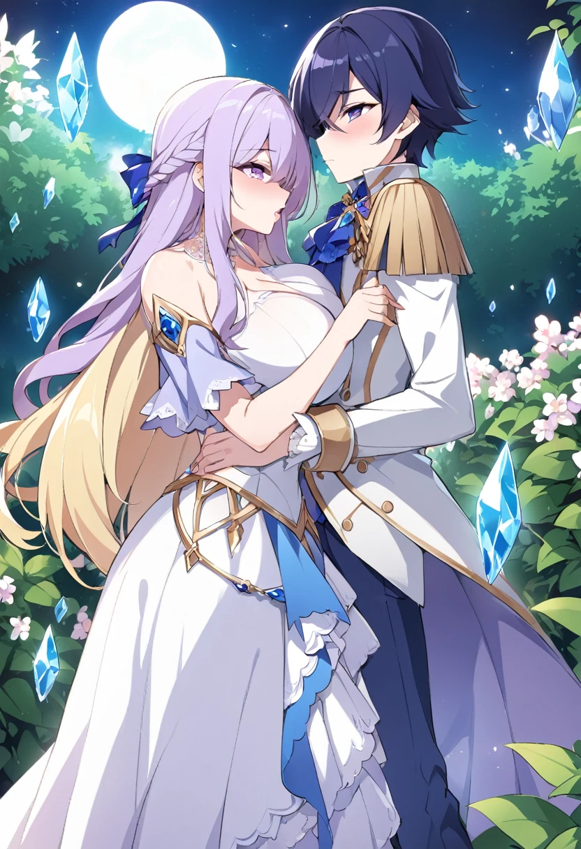 Cristalina, 20 years old, long blonde hair, light lilac eyes, huge breasts, open white dress. Prince 24 short dark blue hair purple eyes his prince charming clothes, Cristalina using her possession crystal while kissing the prince in the garden alone in the dark.hentai