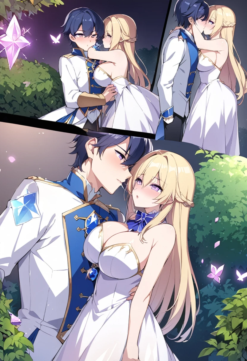 Cristalina, 20 years old, long blonde hair, light lilac eyes, huge breasts, open white dress. Prince 24 short dark blue hair purple eyes his prince charming clothes, Cristalina using her possession crystal while kissing the prince in the garden alone in the dark.hentai