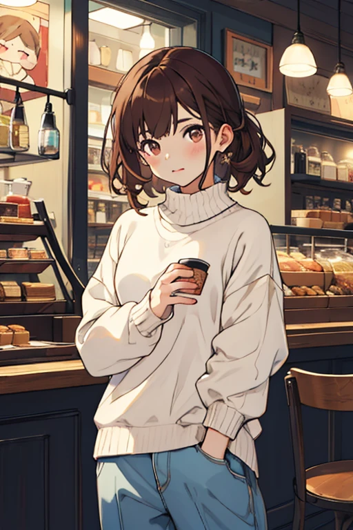 Mujer joven, Brown hair, ojos cafe, White sweater, pantalones azules, Kawaii