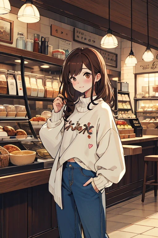 Mujer joven, Brown hair, ojos cafe, White sweater, pantalones azules, Kawaii
