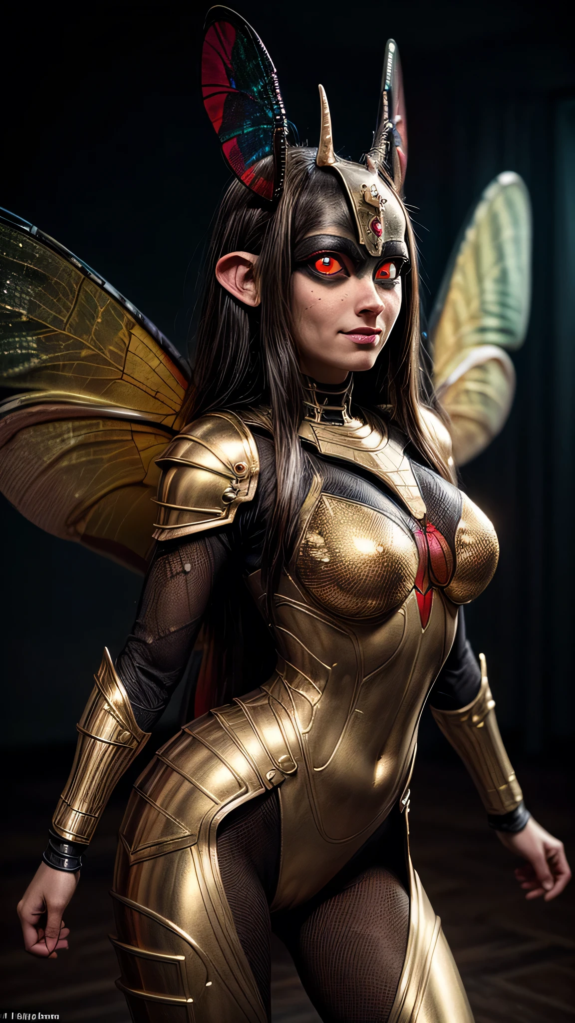 ((best quality: 1.5, masterpiece)), intricate details, soft focus, professional, real life, realistic representation of the face, dim volumetric lighting, dynamic pose, in the style of realistic and hyper detailed renderings BREAK ((overexposed, ((Anubis, horned golden armor:1.4, (Anubis), knight fantasy, raging anger, (glowing red eyes, female faerie dragonfly wings))))), film grain, bokeh, black background, dark empty room, golden hour, emerald, nose piercing, smiling, playing, photorealistic, hyper-realistic, 8K