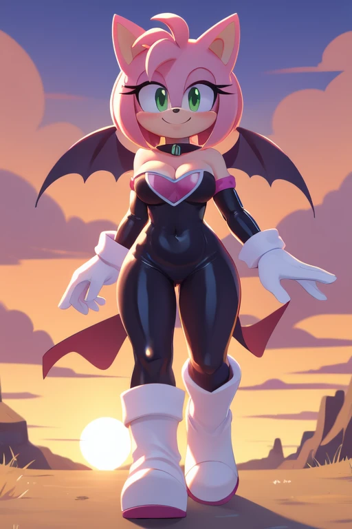 Amy Rose, (Rouge the Bat Cosplay), no wings, 1 girl, solo, smile, green eyes, red hairband, bob hair, sky, outdoors, cloud, pink hair, sunset, bare shoulders, animal nose, black rubber bodysuit, pink heart on chest, cleavage, white gloves, white knee-high boots, valley, walking, arms at sides, 2D flat illustration.