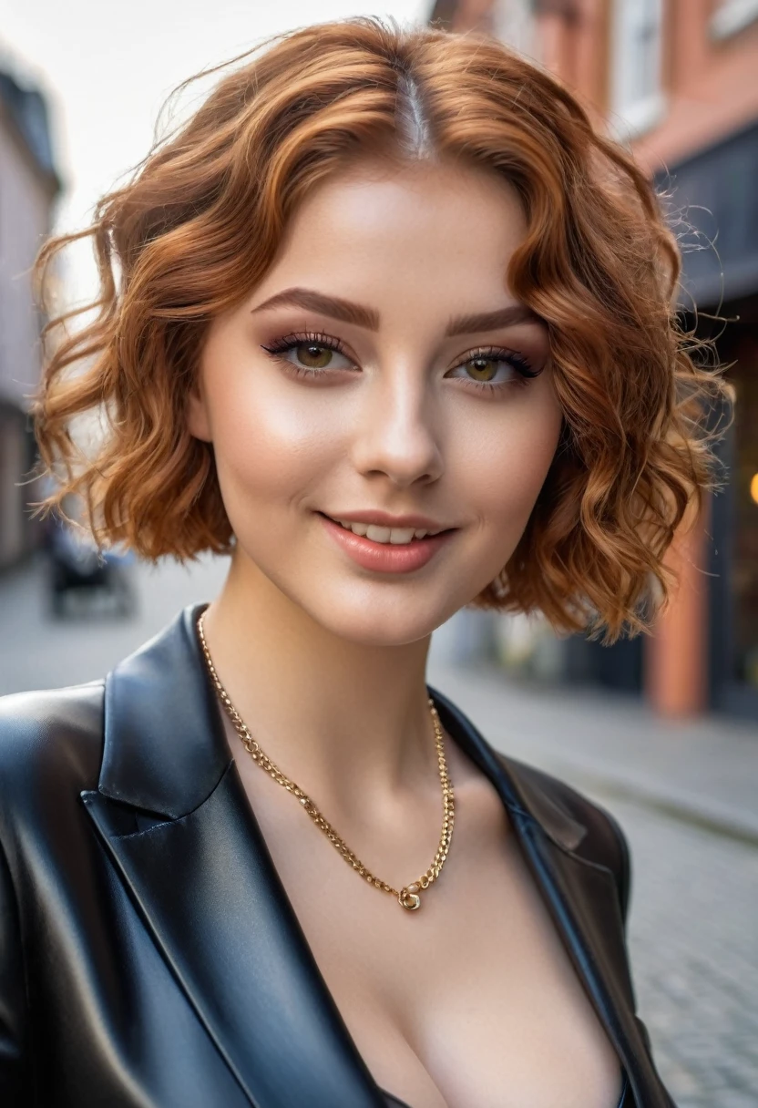 hyperrealistic beautiful busty 18-year-old women wearing latex men's suit, model shooting full body photography, view from behind, natural redhead short curly bob, dark eye makeup with eyeliner, seductive smile, small necklace, 8K, Best quality, Meisterwerk, ultra high resolution, (Realismus: 1.4), Originalfoto, (realistische Hautstruktur: 1.3), (Filmkorn: 1.3), (Selfie-Winkel), 1 girl, Beautiful round hazel eyes and facial details, Meisterwerk, Best quality, selfie-pic-posing outside, nsfw