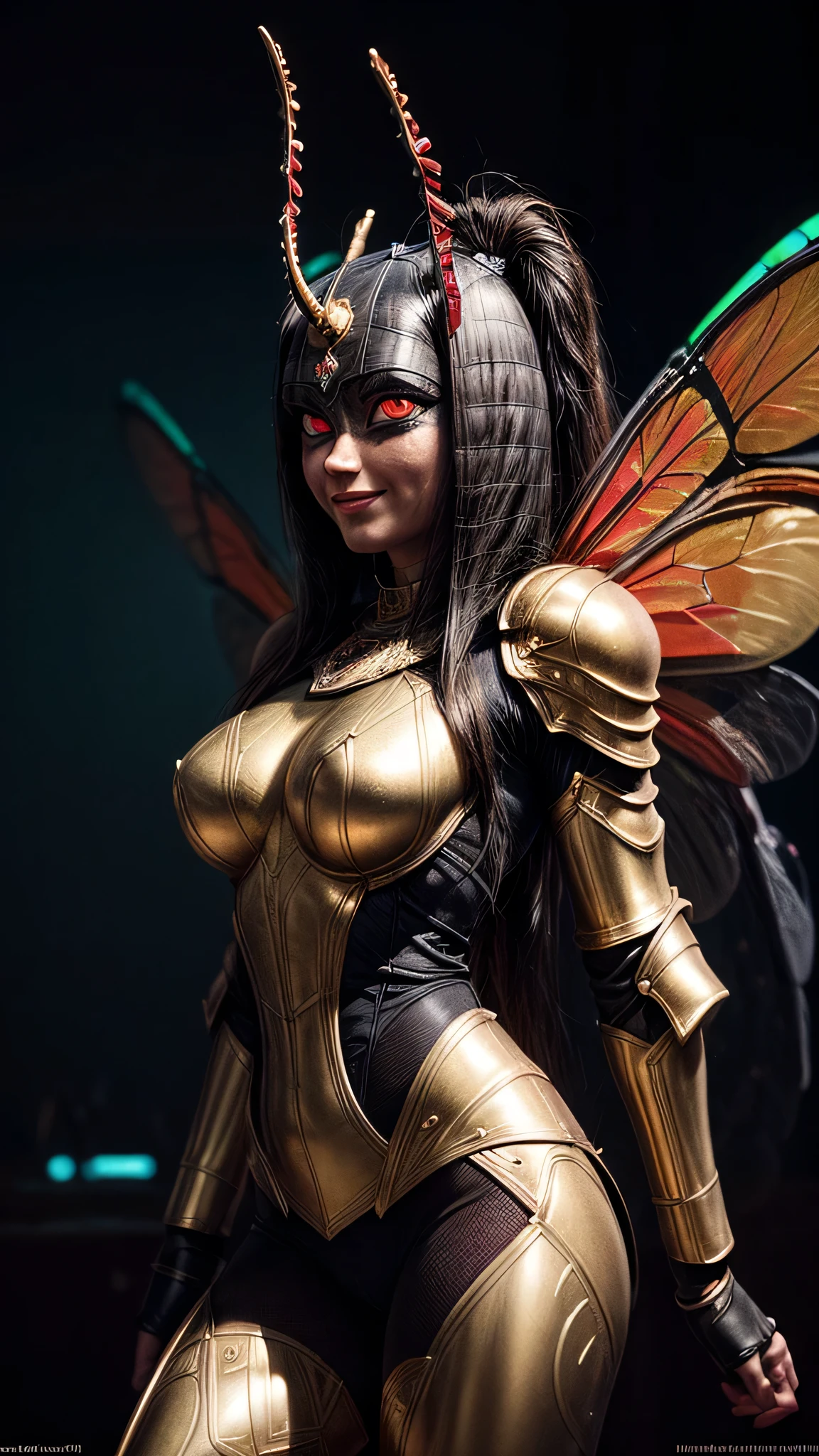 ((best quality: 1.5, masterpiece)), intricate details, soft focus, professional, real life, realistic representation of the face, dim volumetric lighting, dynamic pose, in the style of realistic and hyper detailed renderings BREAK ((overexposed, ((Anubis, horned golden armor:1.4, (Anubis), knight fantasy, raging anger, (glowing red eyes, female faerie dragonfly wings))))), film grain, bokeh, black background, dark empty room, golden hour, emerald, nose piercing, smiling, playing, photorealistic, hyper-realistic, 8K