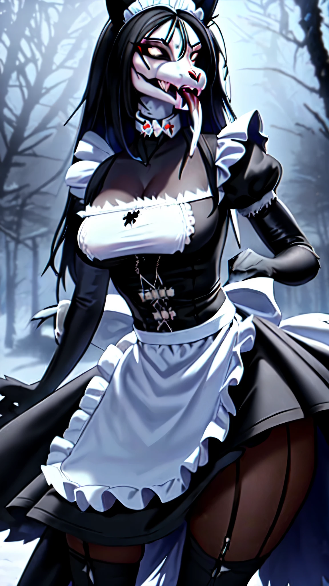 (slit pupils, white eyes, black sclera), digitigrade, (collar), masterpiece, best quality, detailed realistic fur, (maid dress, maid), fancy pants, (background is a snowy forest), detailed background, tongue, (licking), (low angle shot), detailed face, detailed eyes, detailed fluffy fur, fluffy tail, clothed, clothing