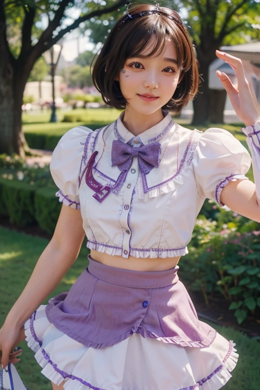 Magical Girl Cosplay, Anime Girl Cosplay, Purple and white lolita outfit,
slender girl, smile, Bobcut, Brown Hair, garden, sunny, Short sleeve, mini skirt, summer,
Skirt with 6 vertical ruffles, Skirt with 6 ruffles horizontally,
((photograph:1.3)), ((Realistic:1.5)), (highest quality:1.4), ((Ultra-high resolution:1.3)),
((Highest quality:1.3)), ((Ultra-detailed:1.3)), (Sharp Focus:1.3),
masterpiece, Real, Photorealistic, Extremely detailed,
Real Life, 超Realistic, Photorealism, Fine details,
Perfect artwork, Professional Writing,