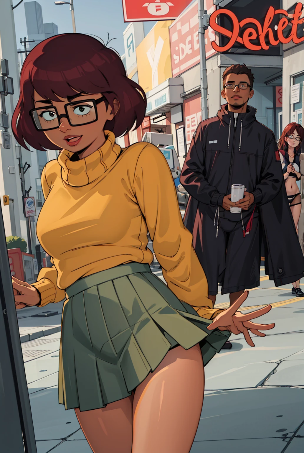 mkvd, 1girl, turtleneck sweater, sweater yellow, red skirt, happy, looking at viewer, glasses, , cameltoe, yellow panties panties w, pancus, panties z under view,