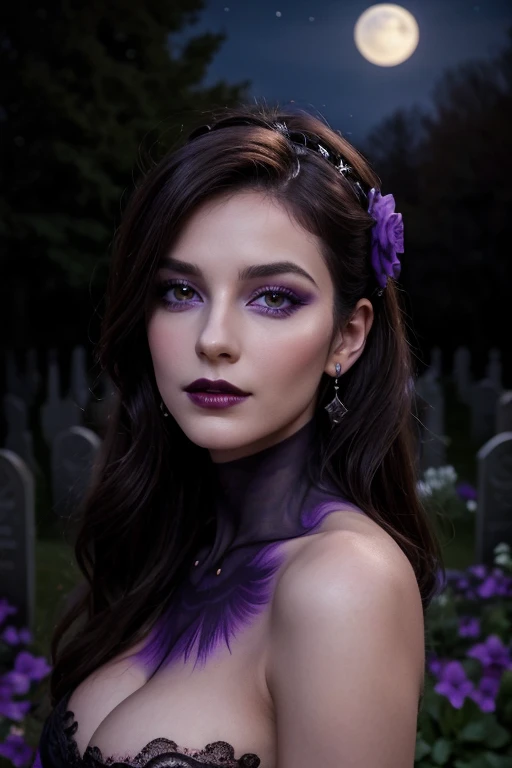 Jeune femme de 25 ans, visage fin, cheveux long, yeux marrons, HD, 8K, masterpiece, sourire romantique, sexy, mascara noir, maquillage noir, black lips, tenue gothique, vêtements noirs et violets, toile d'araignée en dentelle, cheveux noirs et violets, in a cemetery, bodypainting, purple paint, dracula, moon light