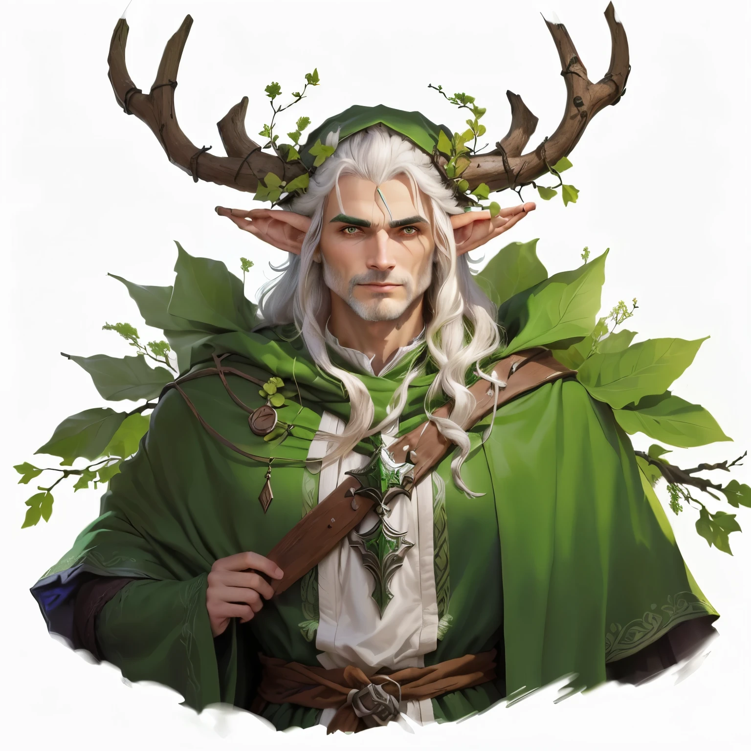 a drawing of um elfo masculino with horns and a green cape, a portrait of um elfo masculino, retrato de um mago da floresta, druida portrait, um druidaa, natureza druidaa, um elfo masculino, a retrato de um elfo, elfo macho, um elfo de meia idade, lindo elfo masculino, druida, computador, cernunos, retrato de um elfo