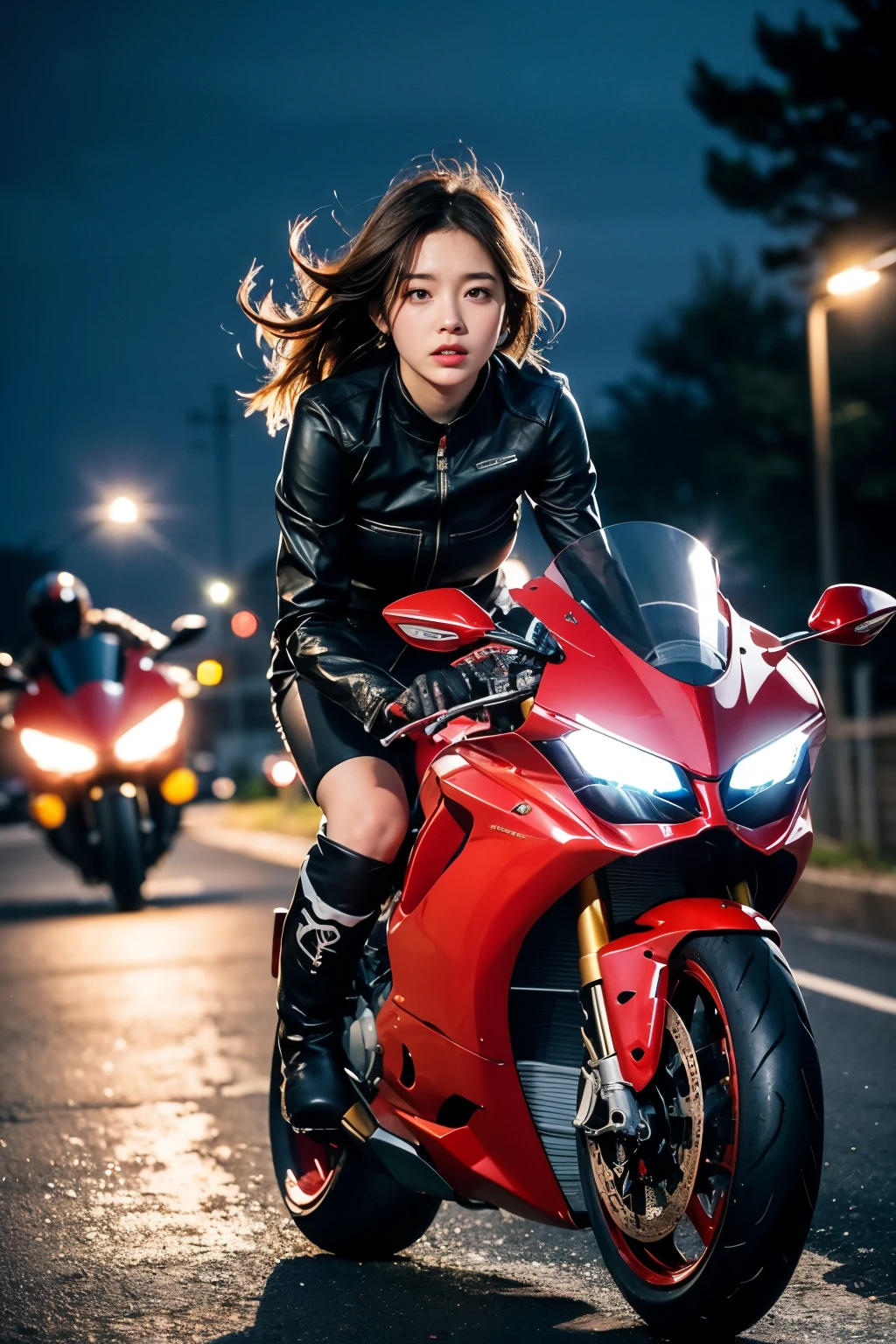 highest resolution、High level image quality、In 8K、actual due diligence、raw photo、top quality、masterpiece、table top、(soft saturation:1)、(depth of field:1.2)、(ray tracing:1.2)、dynamic camera angle、break、((during the night)),neon lights、、strong wind、break、밤에 도시를 질주하는 크고 빨간 motorcycle、((big red bike:1.2))、break、큰 빨간 motorcycle를 운전하는 젊은 여자, beautiful face、(facing forward:1.2)、The woman is short、break、(wearing a race queen costume:1.2)、break、White knee high REAK、(Red boots:1.2)、break、perfect hands、perfect feet、perfect boots、((Hold the controller with both hands:1.2))、Hold the controller with both hands、Hold the steering wheel with both hands、((Slouched))、Slouched:1.2、Slouched、lower body:1.2、motorcycle 라이더,break、Big Ducati Panigale V4 に座る,Big Ducati Panigale V4 に乗って, Big Ducati Panigale V4、How to ride the big Ducati Panigale V4, (Drawing left and right rearview mirrors:1.3)、Drawing left and right rearview mirrors、headlights shine、photo of female cyclist, motorcycle,motorcycle 변위: Big Ducati Panigale V4、Big Ducati Panigale V4、 Big Ducati Panigale V4、
