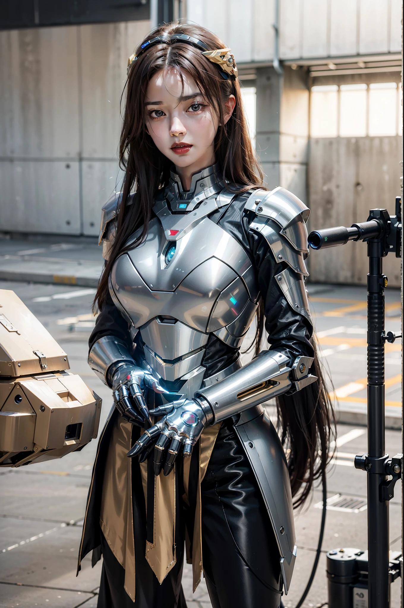 best quality,gold jewelry,Fairy skin,(Every time :1.2),Everlasting,super detailed,actual,high quality,film lighting,Ray tracing,ultra high definition,upper part of body, Future Iron Man mecha,shooting,tank battery,Launching equipment,Large-caliber artillery,Ros Tran 8K,Mecha Cyber Armored Tank Girl,Wearing a cyberpunk stamina helmet,Wearing a glowing space helmet,High-tech motorcycle helmet,There is a breathing light on the body,The armor of the future shines,Armed electromagnetic gun,Mecha style,
