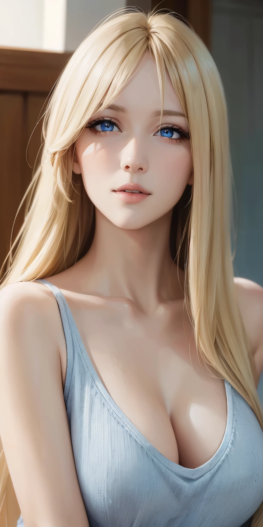 Upper body, mature woman, elegant, long neck, long blonde hair, bangs, blue eyes, casual clothes, cleavage, soft light, 4k resolution, high quality
