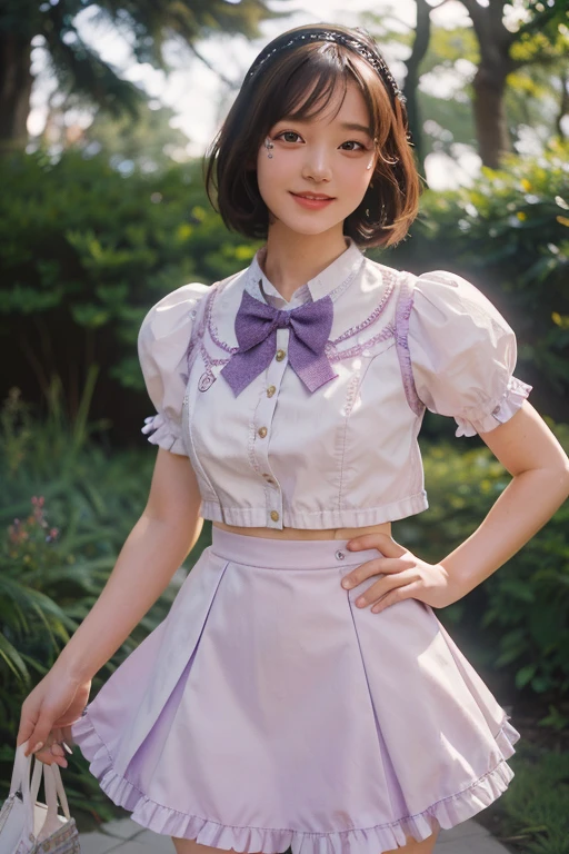 Magical Girl Cosplay, Anime Girl Cosplay, Purple and white ta outfit,
slender girl, smile, Bobcut, Brown Hair, garden, sunny, Short sleeve, mini skirt, summer,
Skirt with 6 vertical ruffles, Skirt with 6 ruffles horizontally,
((photograph:1.3)), ((Realistic:1.5)), (highest quality:1.4), ((Ultra-high resolution:1.3)),
((Highest quality:1.3)), ((Ultra-detailed:1.3)), (Sharp Focus:1.3),
masterpiece, Real, Photorealistic, Extremely detailed,
Real Life, 超Realistic, Photorealism, Fine details,
Perfect artwork, Professional Writing,