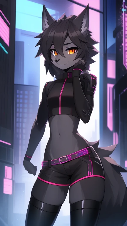 Best quality, Super detailed illustration, (furry wolf boy:1.4), (matte black fur color:1.4), feminine face and body, disheveled thick hair, Cyberpunk Clothing, short shorts, Tight stockings, shy smile, Femboy, small waist, wide hips, Slim, Perfect body, long demon tail