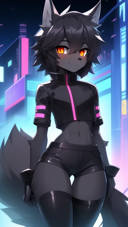 Best quality, Super detailed illustration, (furry wolf boy:1.4), (matte black fur color:1.4), feminine face and body, disheveled thick hair, Cyberpunk Clothing, short shorts, Tight stockings, shy smile, Femboy, small waist, wide hips, Slim, Perfect body, long demon tail