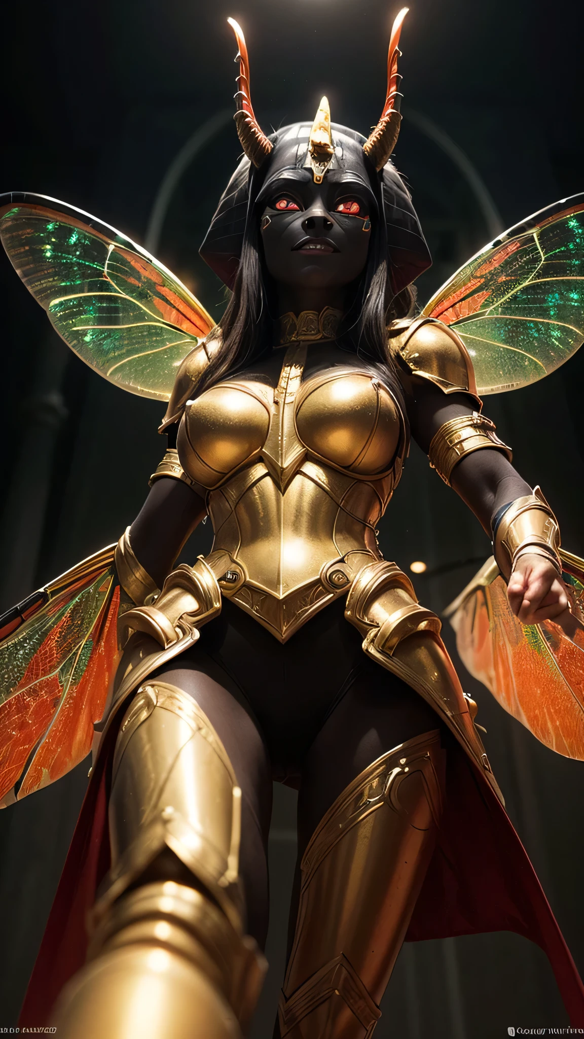 ((best quality: 1.5, masterpiece)), intricate details, soft focus, professional, real life, realistic representation of the face, dim volumetric lighting, dynamic pose, in the style of realistic and hyper detailed renderings BREAK ((overexposed, ((Anubis, horned golden armor:1.4, (Anubis), knight fantasy, raging anger, (glowing red eyes, female faerie dragonfly wings, gigantic, from below))))), film grain, bokeh, black background, dark empty room, golden hour, emerald, nose piercing, smiling, playing, photorealistic, hyper-realistic, 8K
