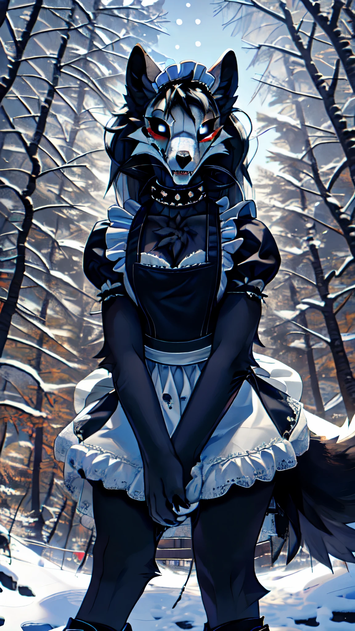 (slit pupils, white eyes, black sclera), digitigrade, (collar), masterpiece, best quality, detailed realistic fur, (maid dress, maid), fancy pants, (background is a snowy forest), detailed background, (low angle shot), detailed face, detailed eyes, detailed fluffy fur, fluffy tail, clothed, damaged clothing, bloody