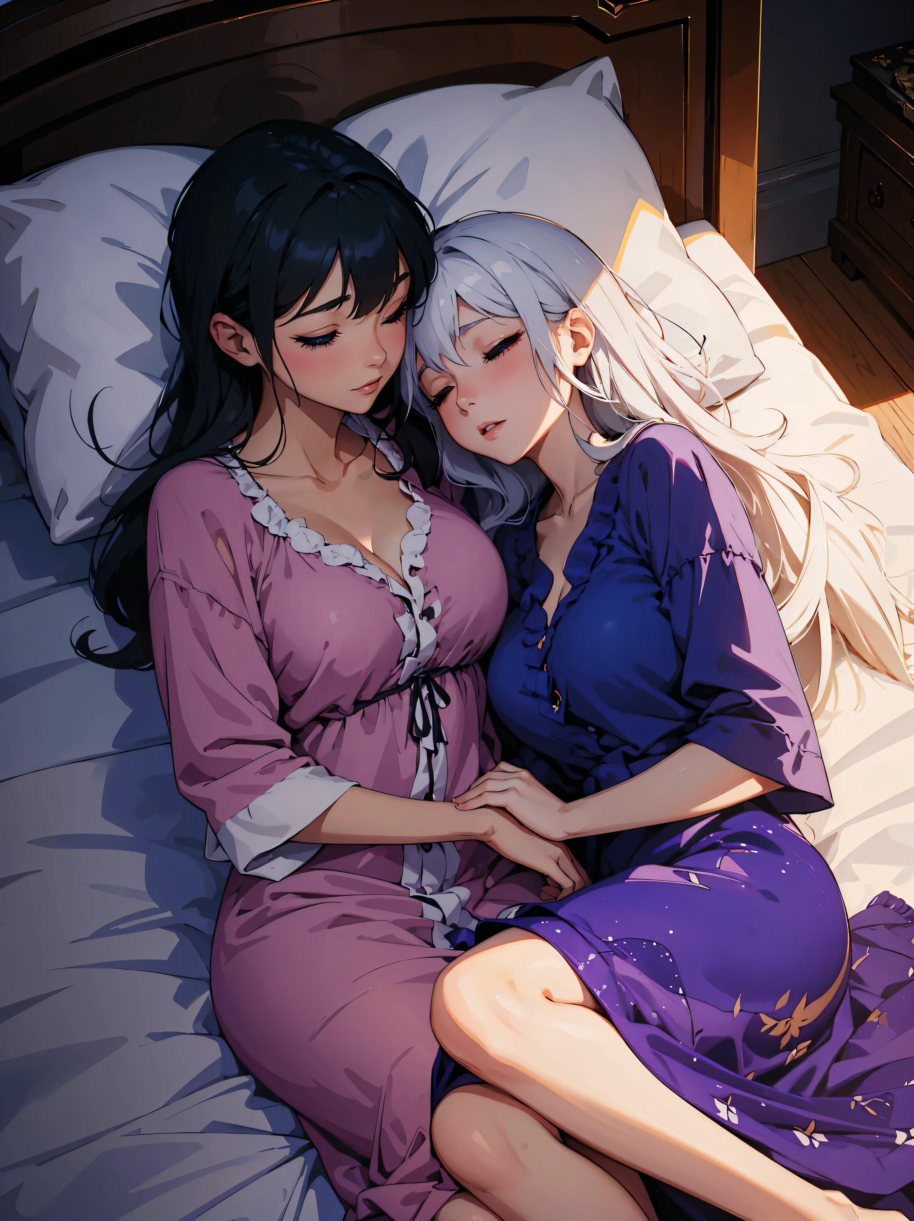 masterpiece, high quality, two women in nightgowns laying in bed together, cuddling, embracing each other, long (white) hair, large breasts, eyes closed,