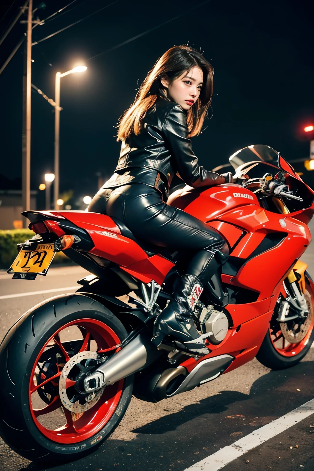highest resolution、High level image quality、In 8K、actual due diligence、raw photo、top quality、masterpiece、table top、(soft saturation:1)、(depth of field:1.2)、(ray tracing:1.2)、dynamic camera angle、break、((during the night)),neon lights、、strong wind、break、밤에 도시를 질주하는 크고 빨간 motorcycle、((big red bike:1.2))、break、큰 빨간 motorcycle를 운전하는 젊은 여자, beautiful face、(facing forward:1.2)、The woman is short、break、(wearing a race queen costume:1.2)、break、White knee high REAK、(Red boots:1.2)、break、perfect hands、perfect feet、perfect boots、((Hold the controller with both hands:1.2))、Hold the controller with both hands、Hold the steering wheel with both hands、((Slouched))、Slouched:1.2、Slouched、lower body:1.2、motorcycle 라이더,break、Big Ducati Panigale V4 に座る,Big Ducati Panigale V4 に乗って, Big Ducati Panigale V4、How to ride the big Ducati Panigale V4, (Drawing left and right rearview mirrors:1.3)、Drawing left and right rearview mirrors、headlights shine、photo of female cyclist, motorcycle,motorcycle 변위: Big Ducati Panigale V4、Big Ducati Panigale V4、 Big Ducati Panigale V4、