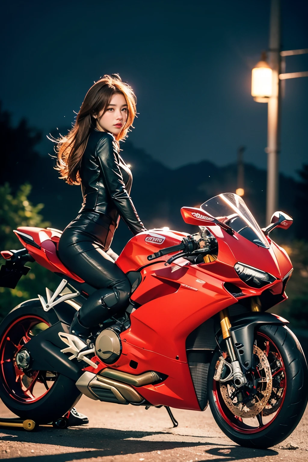 highest resolution、High level image quality、In 8K、actual due diligence、raw photo、top quality、masterpiece、table top、(soft saturation:1)、(depth of field:1.2)、(ray tracing:1.2)、dynamic camera angle、break、((during the night)),neon lights、、strong wind、break、밤에 도시를 질주하는 크고 빨간 motorcycle、((big red bike:1.2))、break、큰 빨간 motorcycle를 운전하는 젊은 여자, beautiful face、(facing forward:1.2)、The woman is short、break、(wearing a race queen costume:1.2)、break、White knee high REAK、(Red boots:1.2)、break、perfect hands、perfect feet、perfect boots、((Hold the controller with both hands:1.2))、Hold the controller with both hands、Hold the steering wheel with both hands、((Slouched))、Slouched:1.2、Slouched、lower body:1.2、motorcycle 라이더,break、Big Ducati Panigale V4 に座る,Big Ducati Panigale V4 に乗って, Big Ducati Panigale V4、How to ride the big Ducati Panigale V4, (Drawing left and right rearview mirrors:1.3)、Drawing left and right rearview mirrors、headlights shine、photo of female cyclist, motorcycle,motorcycle 변위: Big Ducati Panigale V4、Big Ducati Panigale V4、 Big Ducati Panigale V4、