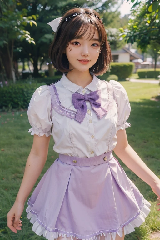 Magical Girl Cosplay, Anime Girl Cosplay,  Purple and white lolita outfit, 
slender girl, Bobcut, Brown Hair, garden, sunny, Short sleeve, mini skirt, summer,  smile,
Skirt with 6 vertical ruffles, Skirt with 6 ruffles horizontally, 
((photograph:1.3)), ((Realistic:1.5)), (highest quality:1.4), ((Ultra-high resolution:1.3)), 
((Highest quality:1.3)), ((Ultra-detailed:1.3)), (Sharp Focus:1.3), 
masterpiece, Real, Photorealistic, Extremely detailed, 
Real Life, 超Realistic, Photorealism, Fine details, 
Perfect artwork, Professional Writing, 
