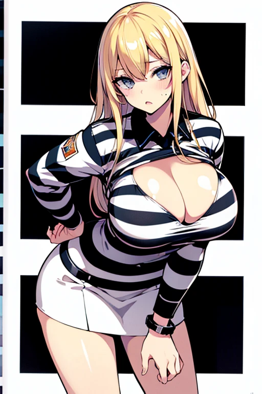 Long blonde hair, handcuffed, arrested, mature female, milf, big breasts ,40 years old, pon prison uniform, prisoner, black and white stripe prison uniform, waifu material, mature