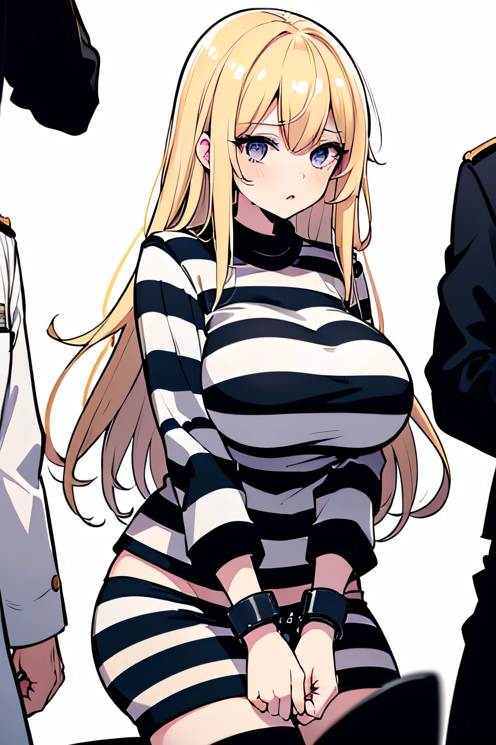 Long blonde hair, handcuffed, arrested, mature female, milf, big breasts ,40 years old, pon prison uniform, prisoner, black and white stripe prison uniform, waifu material, mature