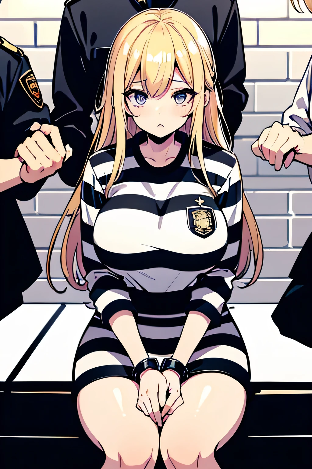 Long blonde hair, handcuffed, arrested, mature female, milf, big breasts ,40 years old, pon prison uniform, prisoner, black and white stripe prison uniform, waifu material, mature