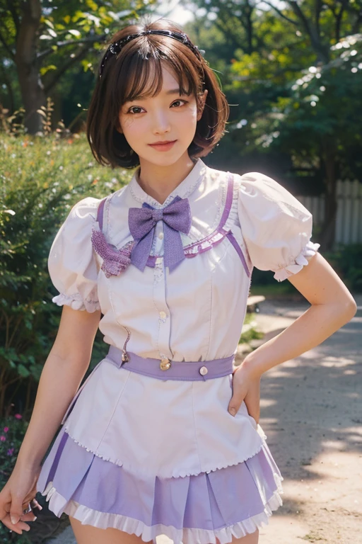 Magical Girl Cosplay, Anime Girl Cosplay, Purple and white lolita outfit,
slender girl, Bobcut, Brown Hair, garden, sunny, Short sleeve, mini skirt, summer, smile,
Skirt with 6 vertical ruffles, Skirt with 6 ruffles horizontally,
((photograph:1.3)), ((Realistic:1.5)), (highest quality:1.4), ((Ultra-high resolution:1.3)),
((Highest quality:1.3)), ((Ultra-detailed:1.3)), (Sharp Focus:1.3),
masterpiece, Real, Photorealistic, Extremely detailed,
Real Life, 超Realistic, Photorealism, Fine details,
Perfect artwork, Professional Writing,