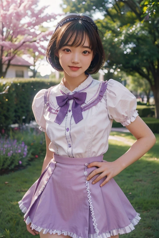 Magical Girl Cosplay, Anime Girl Cosplay,  Purple and white lolita outfit, 
slender girl, Bobcut, Brown Hair, garden, sunny, Short sleeve, mini skirt, summer,  smile,
Skirt with 6 vertical ruffles, Skirt with 6 ruffles horizontally, 
((photograph:1.3)), ((Realistic:1.5)), (highest quality:1.4), ((Ultra-high resolution:1.3)), 
((Highest quality:1.3)), ((Ultra-detailed:1.3)), (Sharp Focus:1.3), 
masterpiece, Real, Photorealistic, Extremely detailed, 
Real Life, 超Realistic, Photorealism, Fine details, 
Perfect artwork, Professional Writing, 
